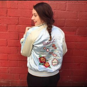 Baby Blue/Cream Vintage Hawaii Silk Bomber Jacket